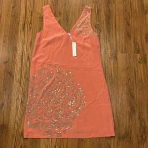 Trina Turk Dress Womens 4 Silk Beaded Coral Orange Lined Sleeveless Sheath New